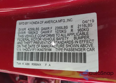 2019 Honda Accord Lx from USA, damaged, VIN 1HGCV1F11KA079164